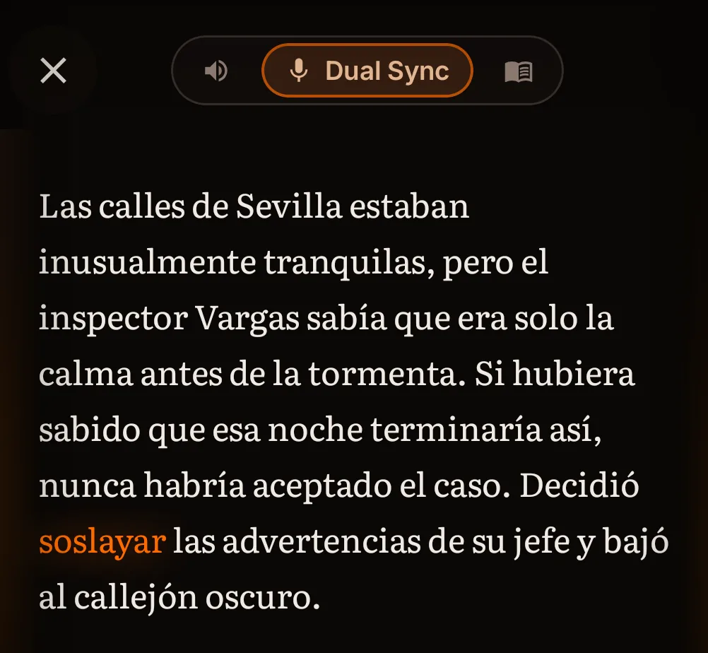 TraceSpark in Dual Sync reading mode, with the same word, soslayar, marked inside a generated Spanish chapter.